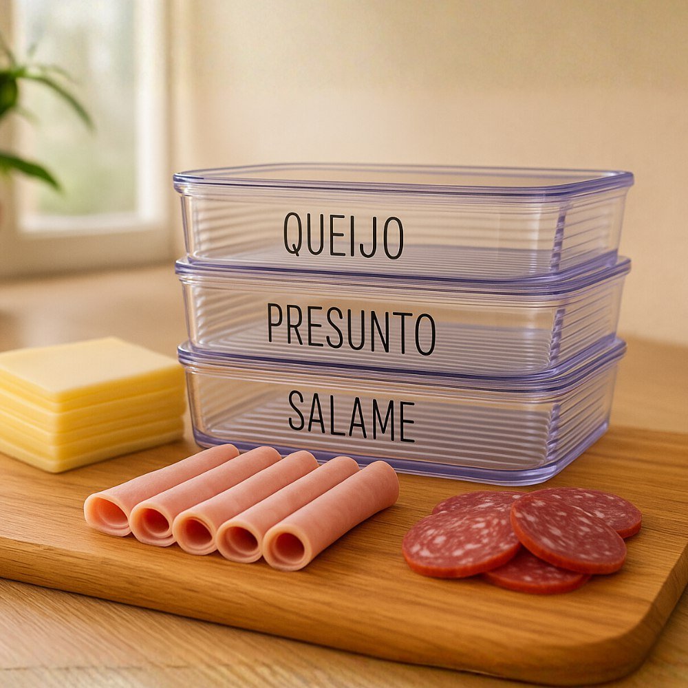 ️ Porta Frios Hermético Com Adesivos Queijo Presunto Duplo Triplo com Tampa Pote Mantimentos