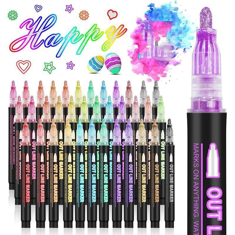 ️ Kit Caneta Outline Marker Metálica Linha Dupla Arte Caneta Contorno