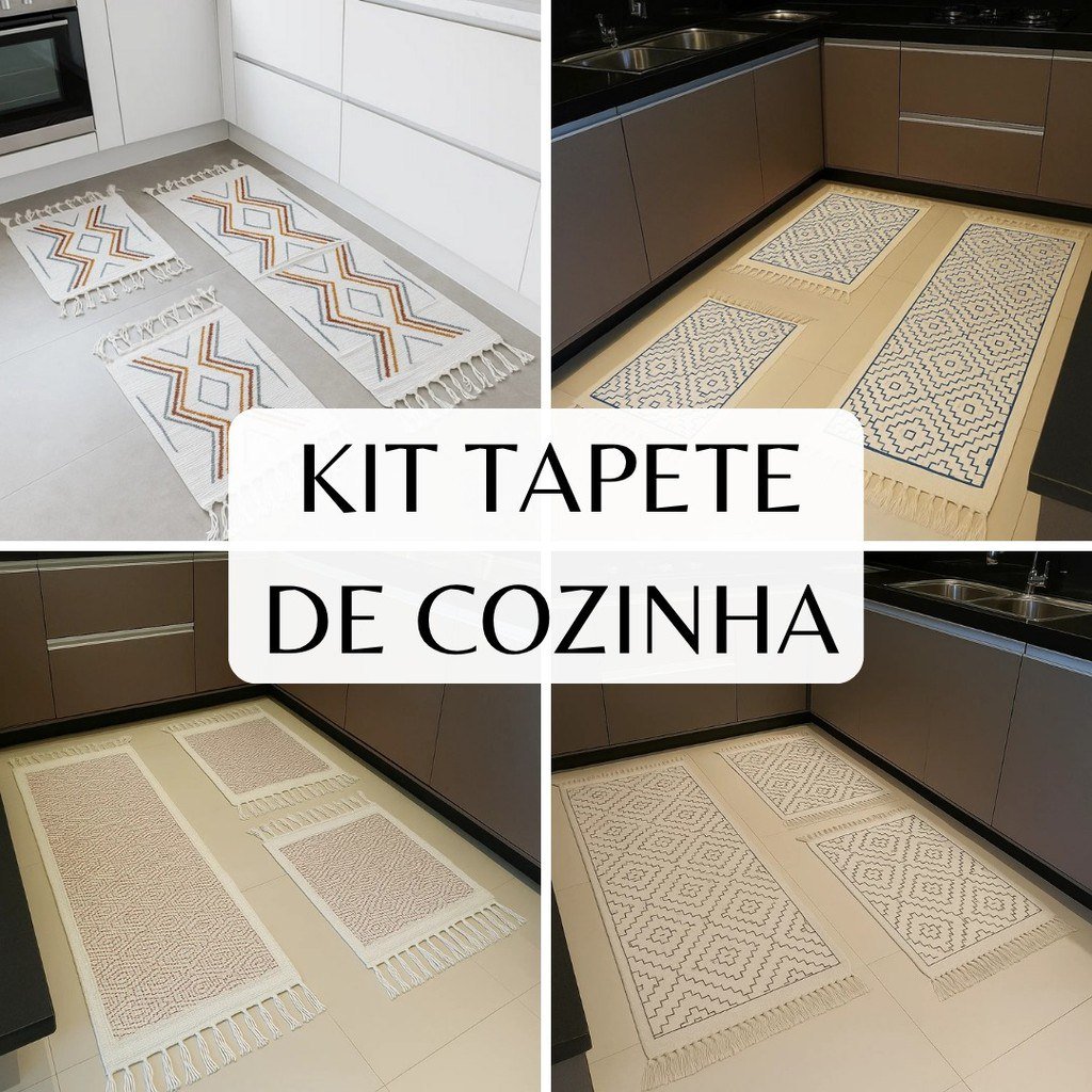 ️ Kit tapete cozinha 100% algodão com passadeira geometric 3pç