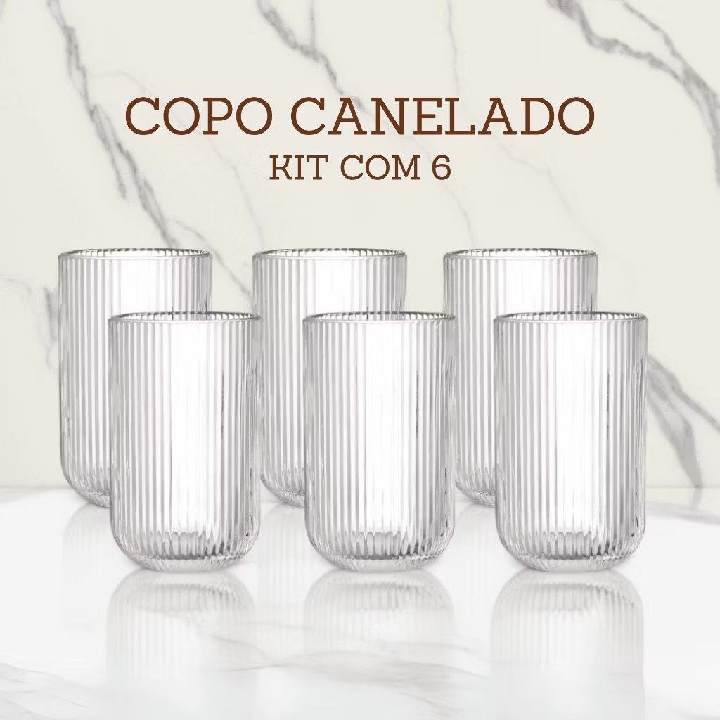 ️ Jogo De Copos 6 Peças De Vidro Cameratta Canelado 420ml Suco Agua