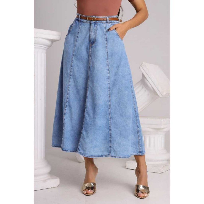 ️ Saia Jeans Midi Evase Marmorizada Feminina Moda Evangelica