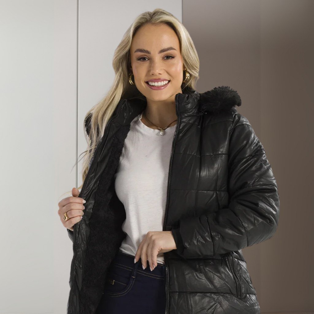 ️ Jaqueta Feminina Couro Sintético Peluciada Ecológico Capuz Pelinhos Removivel Punho Canelado